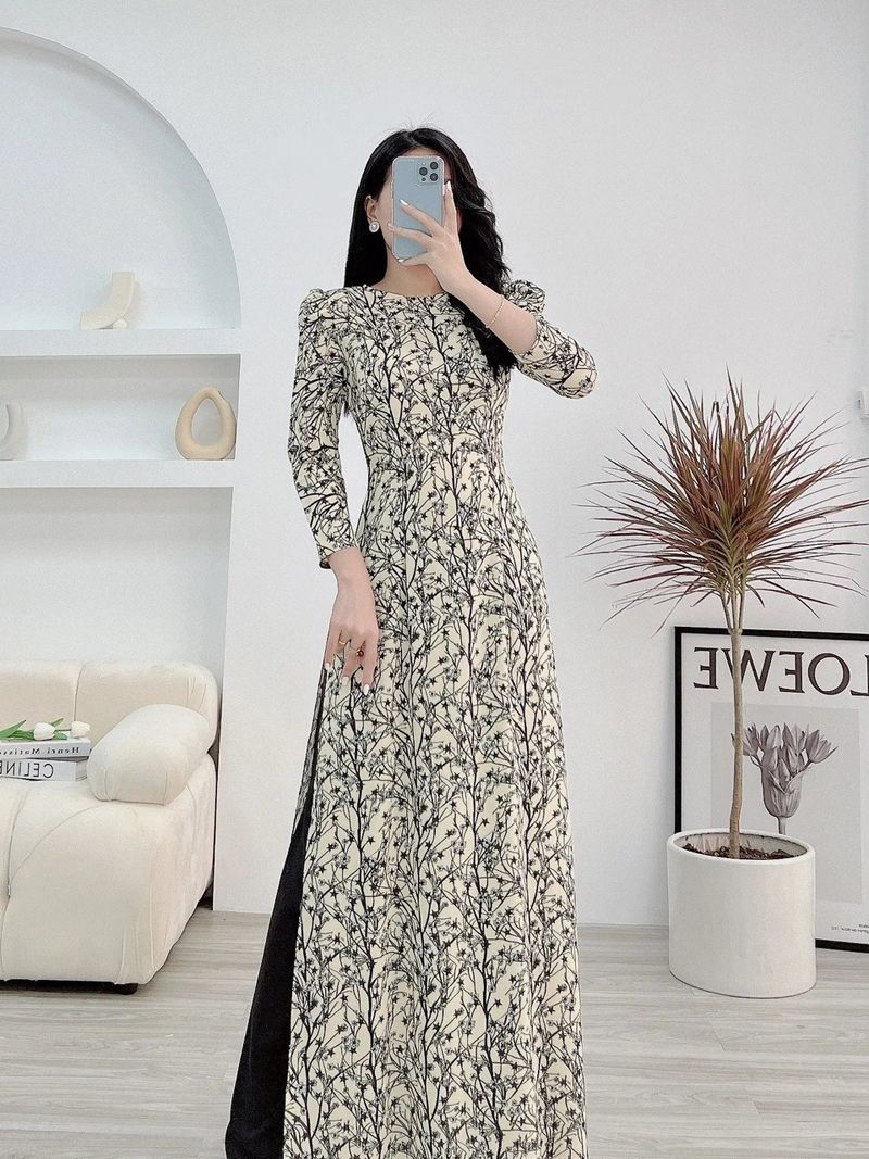 Set áo dài truyền thống tay phồng họa tiết hoa nhí