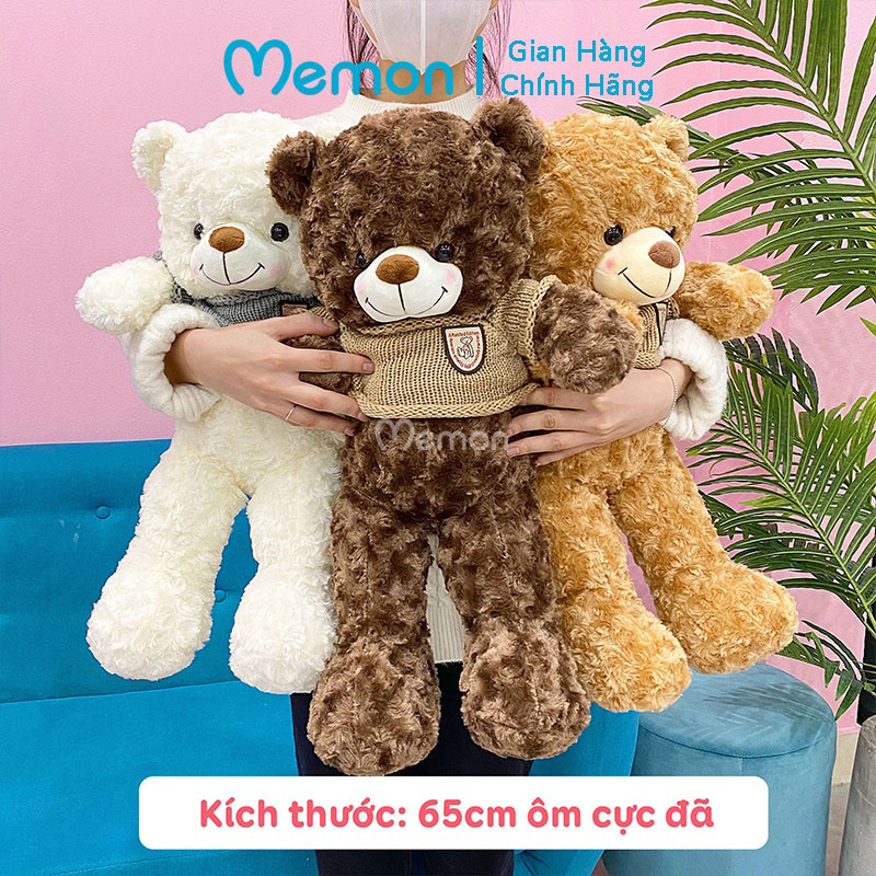 Gấu Bông Teddy Lông Xoắn Má Hồng 65cm Cao Cấp Memon, Gấu Nhồi Bông Qùa Tặng Dễ Thương