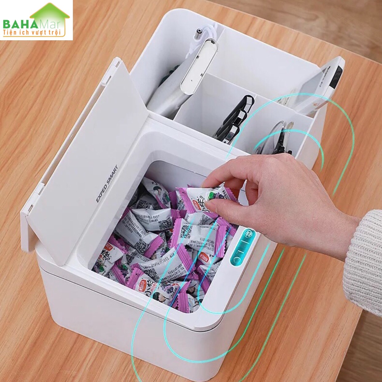 HỘP ĐỂ BÀN ĐA NĂNG CẢM ỨNG THÔNG MINH TỰ ĐỘNG BẬT MỞ NẮP "BAHAMAR" thích hợp sử dụng để nhiều thứ cho gọn gàng ngăn nắp
