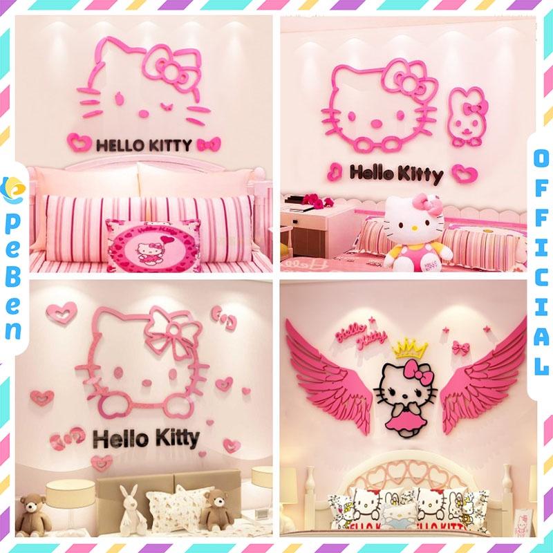 Tranh dán tường mica 3d decor khổ lớn hello kitty và khung ảnh trang trí mầm non, mẫu giáo, phòng cho bé