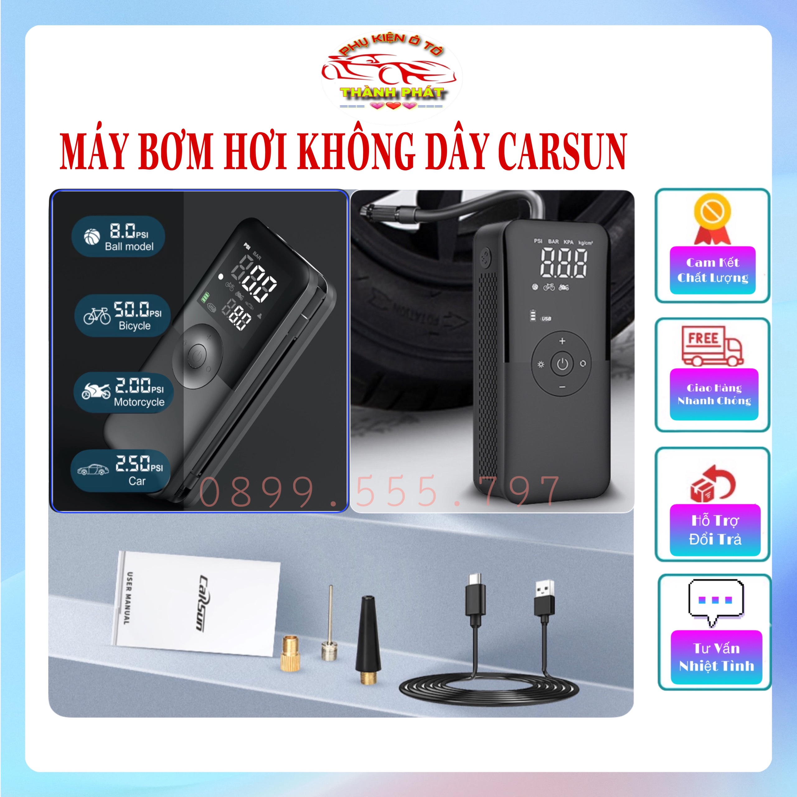 Máy bơm hơi lốp bánh xe ô tô xe máy xe đạp kỹ thuật số KHÔNG DÂY đồng hồ điện tự thông minh đo áp suất lốp Carsun C3106