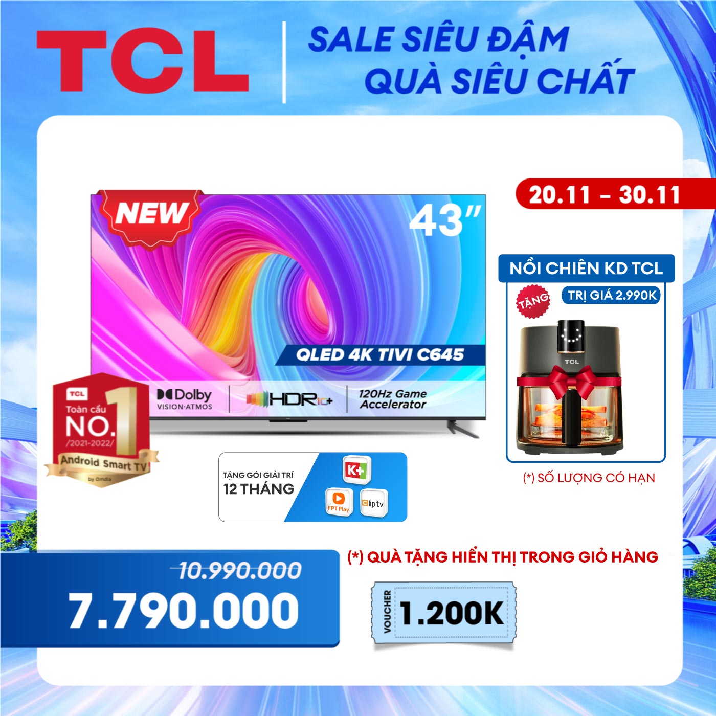 [SẢN PHẨM MỚI 2023 - Hàng chính hãng] QLED TV 4K UHD - Tivi 43''- TCL 43C645 - Tivi 43 inch - Tivi cao cấp