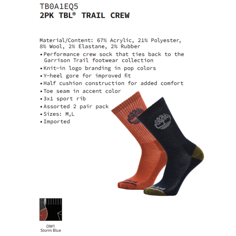 [Original] Timberland Combo 2 Đôi Vớ Nam - 2PK Timberland Trail Crew TB0A1EQ5MH