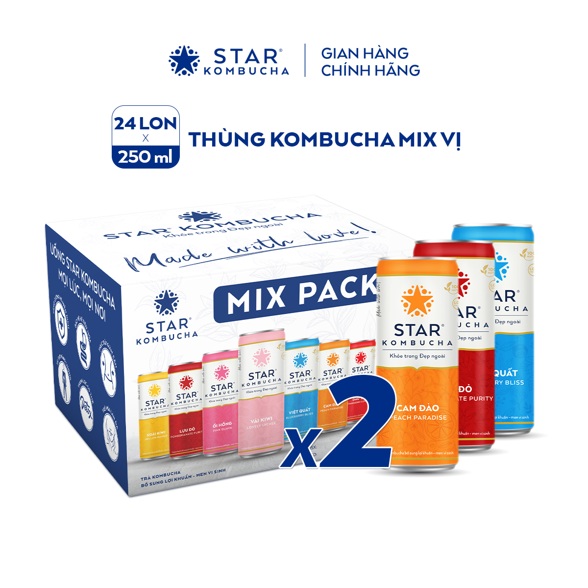 Combo 2 thùng trà lên men Star Kombucha mix 12 vị (24 lon x 250ml)