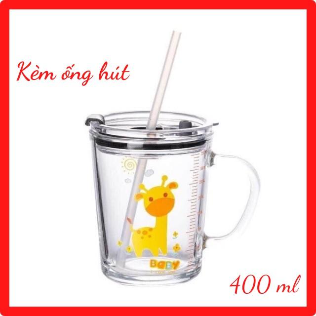 Ly/ Cốc Thủy Tinh Chia Vạch Có Quai Cầm Chịu Nhiệt 400ml – Ly Thủy Tinh Pha Sữa Cho Bé Có Nắp - Kèm Ống Hút Sillicon