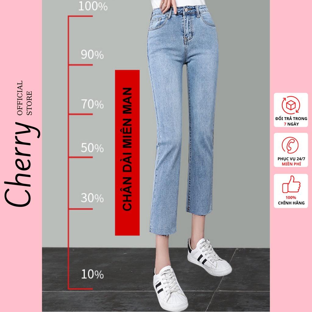 Quần jean nữ ống đứng dáng lửng co giãn cao cấp phong cách Hàn Quốc, quần bò nữ ống ngắn suông có co giãn CHERRY T030