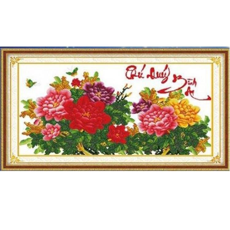 Tranh thêu mẫu đơn phú quý bình an 222788 - kích thước: 124 * 70cm.