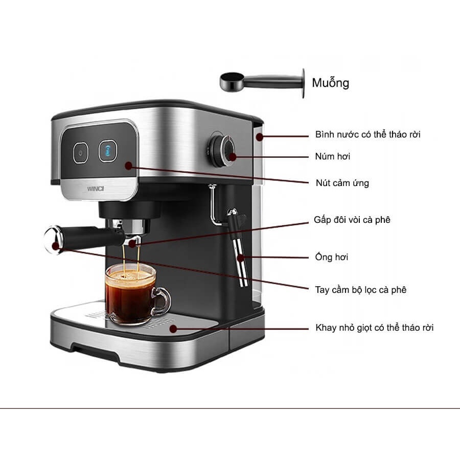 Máy pha cà phê Espresso Winci EM610 công suất 1200W pha cafe espresso tự động dùng cho gia đình - văn phòng, có hệ thống điều chỉnh bọt sữa cappuccino - Hàng chính hãng