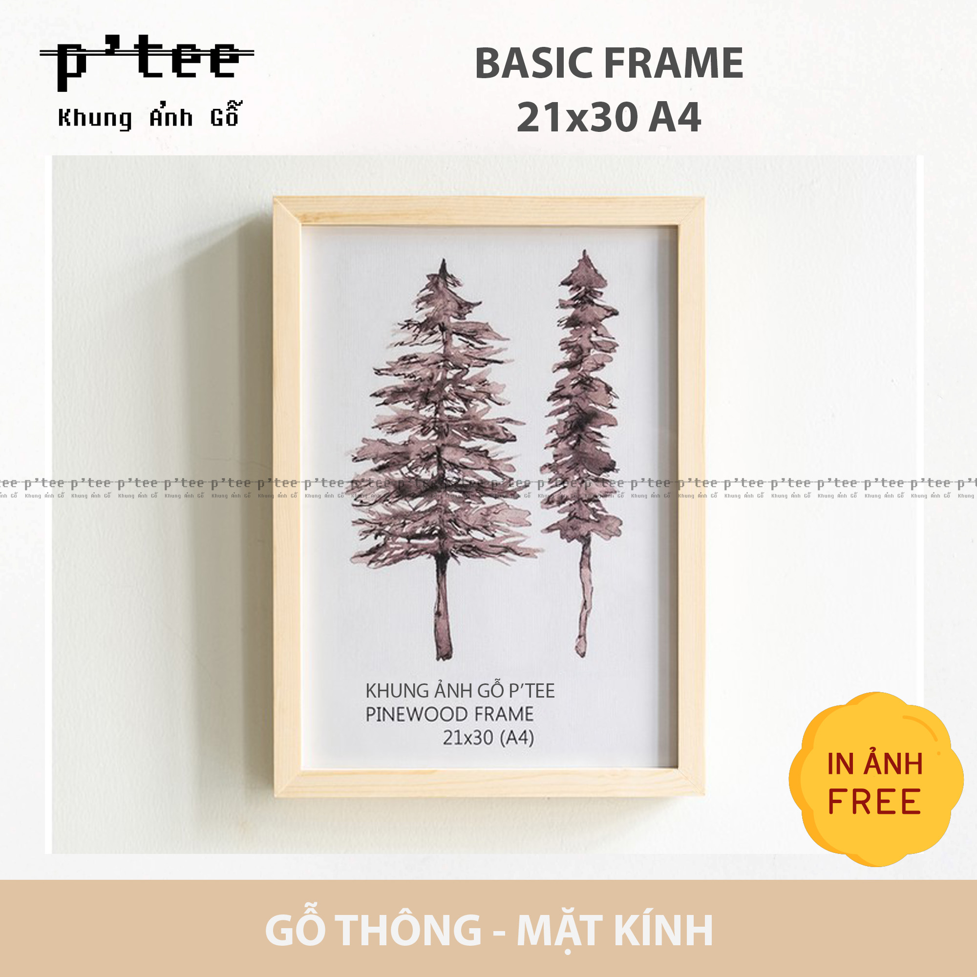 Khung ảnh 21x30 A4 Basic - Khung hình gỗ thông mặt kính - Khung ảnh gỗ P'Tee