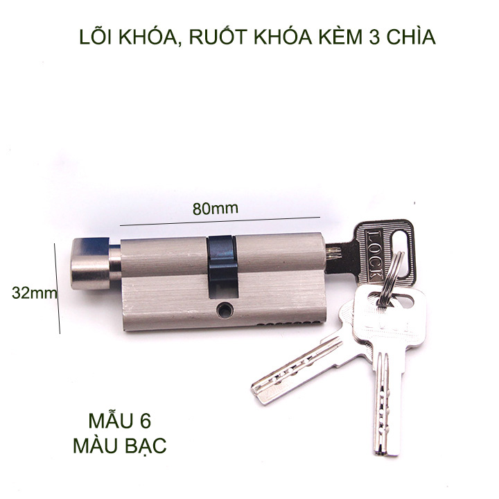 Lõi khóa cửa tay gạt dài 80mm, khóa 1 bên, vặn 1 bên kèm 3 chìa-Mẫu 6
