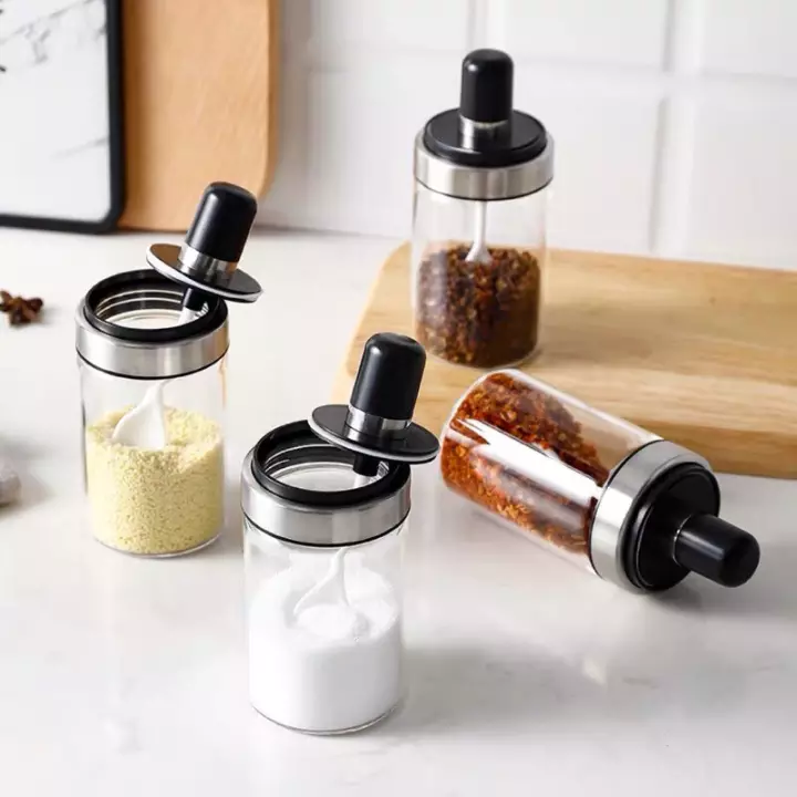 HŨ ĐỰNG GIA VỊ ĐỂ BẾP CAO CẤP TIỆN LỢI HR - LỌ THỦY TINH - HŨ THUỶ TINH ĐỰNG GIA VỊ NHÀ BẾP KÈM MUỖNG MÚC MẪU MỚI