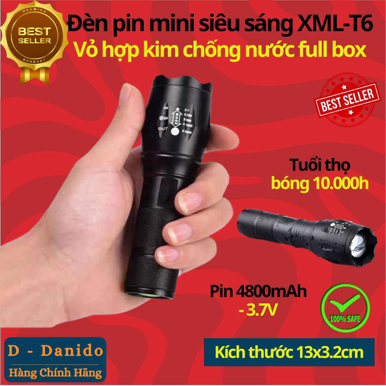 Đèn Pin Mini Siêu Sáng XML-T6 Vỏ Hợp Kim Nhôm Cao Cấp - Chính Hãng D Danido