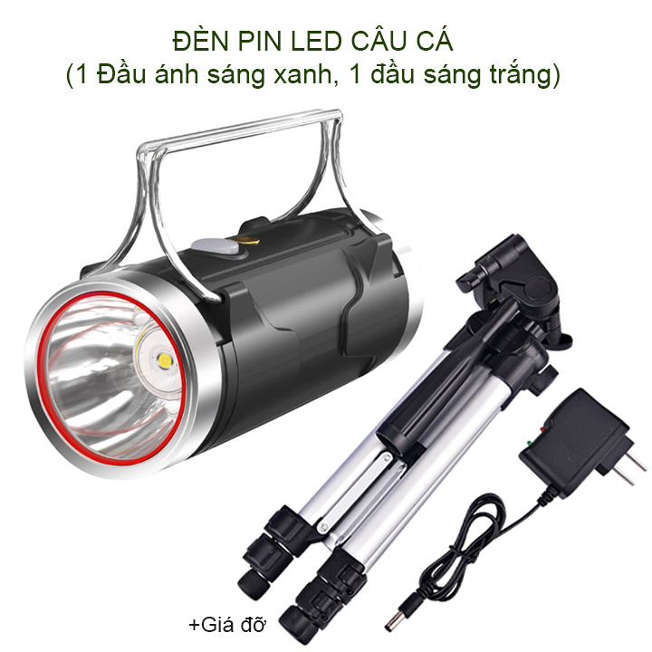 Đèn pin led câu cá D05, 1 đầu ánh sáng xanh chuyên câu cá, 1 dầu ánh sáng trắng chiếu sáng, kèm giá đỡ 3 chân xếp gọn