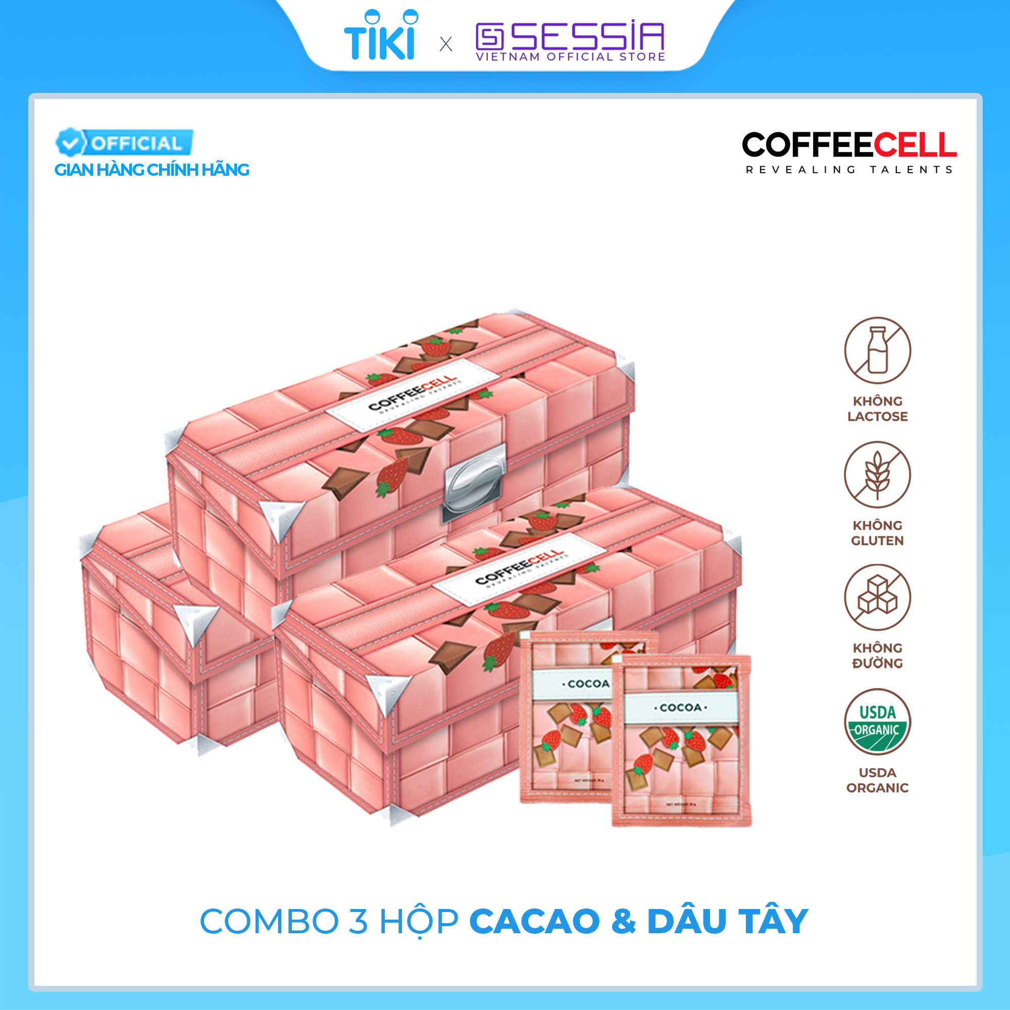 Combo 3 Hộp Cacao và Dâu Tây Với Nhân Sâm Trắng Thượng Hạng COFFEECELL (Hộp 20 gói x 15g) - Vị Đậm Đà, Hương Sảng Khoái - Hàng Chính Hãng