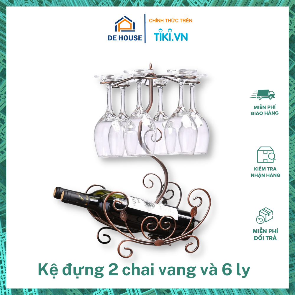 Giá Treo 6 Ly Vang Kèm Kệ Đỡ Chai Phong Cách Châu Âu Màu Đồng Và Vàng Cổ Điển, Kệ Treo Ly decor quý tộc