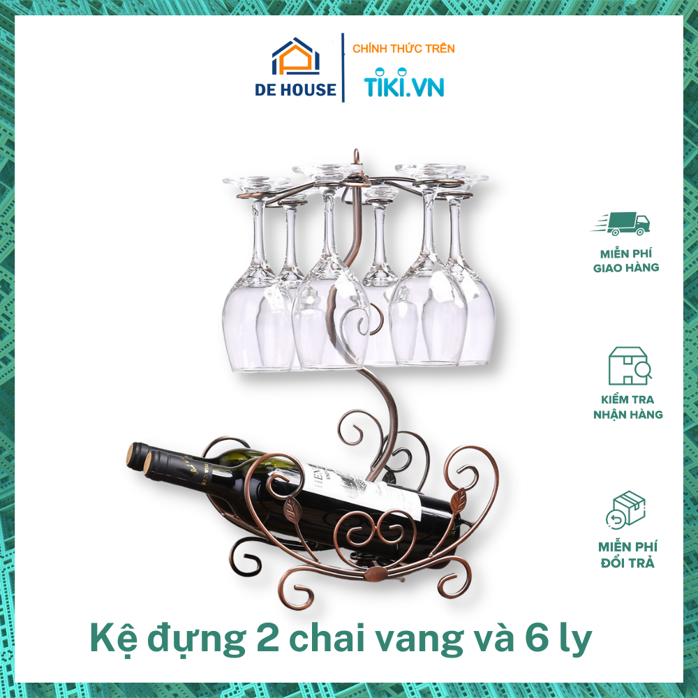 Giá Treo 6 Ly Vang Kèm Kệ Đỡ Chai Phong Cách Châu Âu Màu Đồng Và Vàng Cổ Điển, Kệ Treo Ly decor quý tộc 