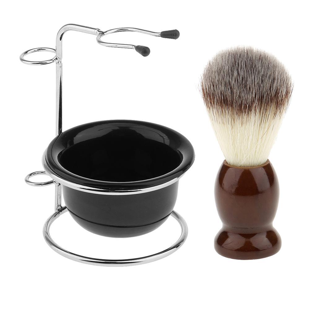 Men Shaving Brush + Stainless Steel Holder Stand + Soap Cream Mug Bowl Set