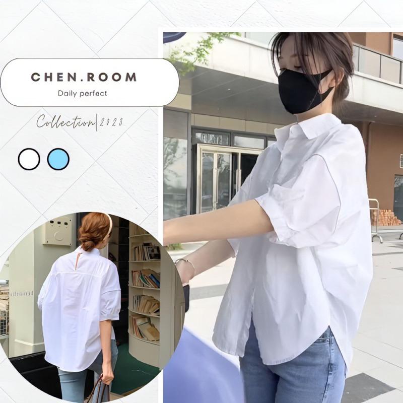 Chen.room Áo sơ mi sọc xanh Shyn shirt tay phồng vạt bầu form dáng hàn quốc, áo xinh nhà Chen