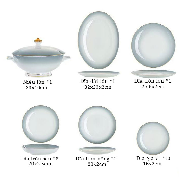 Bộ bát ăn cơm SỨ XƯƠNG Giang Tây cao cấp 60 chi tiết - Bộ chén ăn cơm sang trọng, tinh tế - Bát đĩa mỏng nhẹ nhưng cứng trong và cách nhiệt tốt. Mã GS25