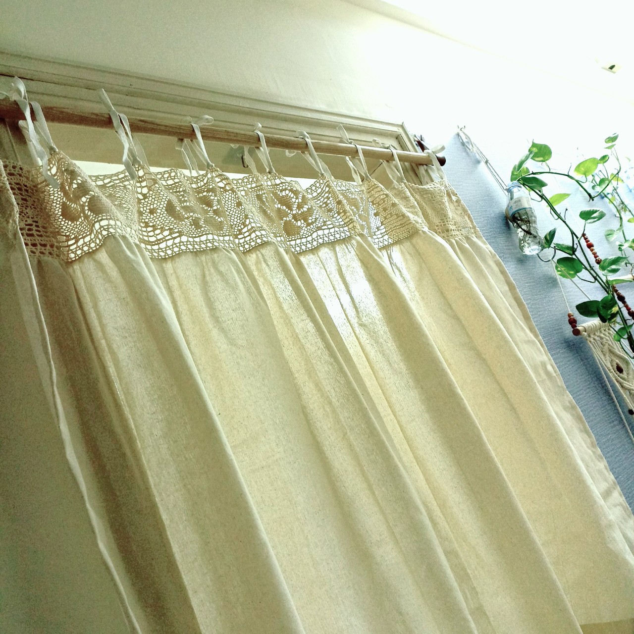 Rèm màn cửa vải canvas phối ren cotton móc vintage