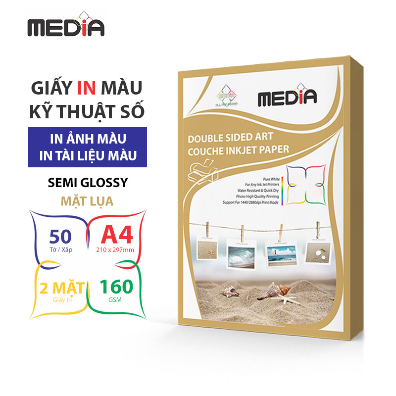 Giấy In Màu Kỹ Thuật Số MEDIA 2 Mặt Lụa (Semi Glossy) Khổ A4 (210 x 297mm) Định Lượng 160/230/260gsm 50 Tờ, Dùng In Ảnh Màu & Tài Liệu Màu - Hàng Chính Hãng