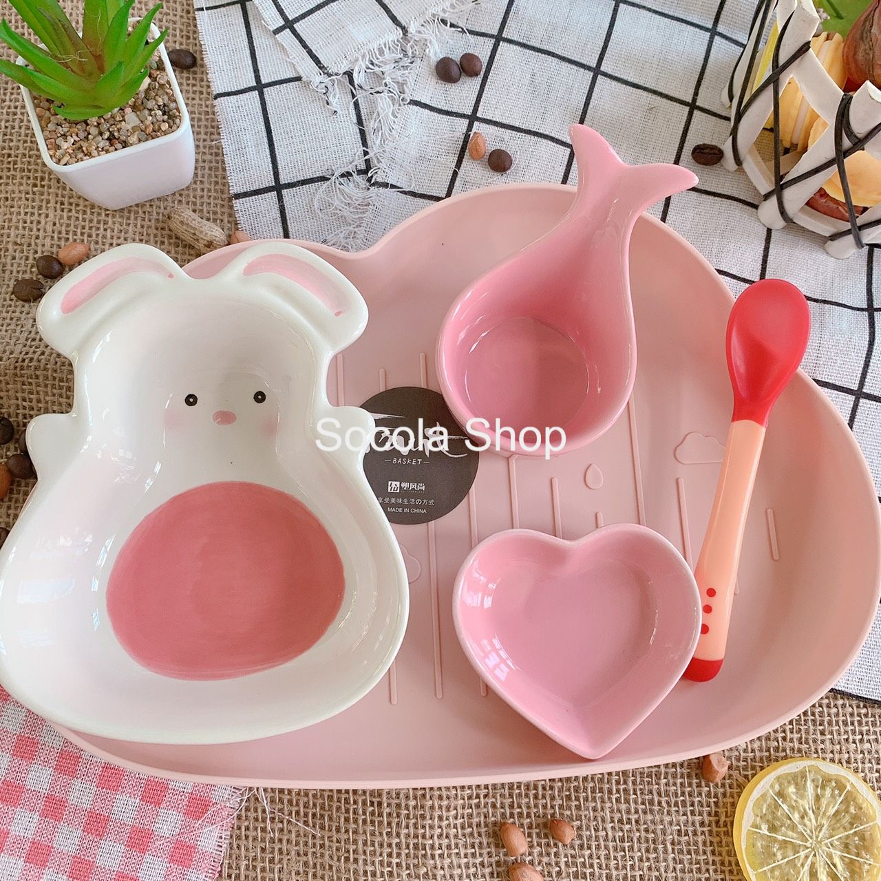 Combo Chén Bát Ăn Dặm Bằng Sứ Thỏ Trắng