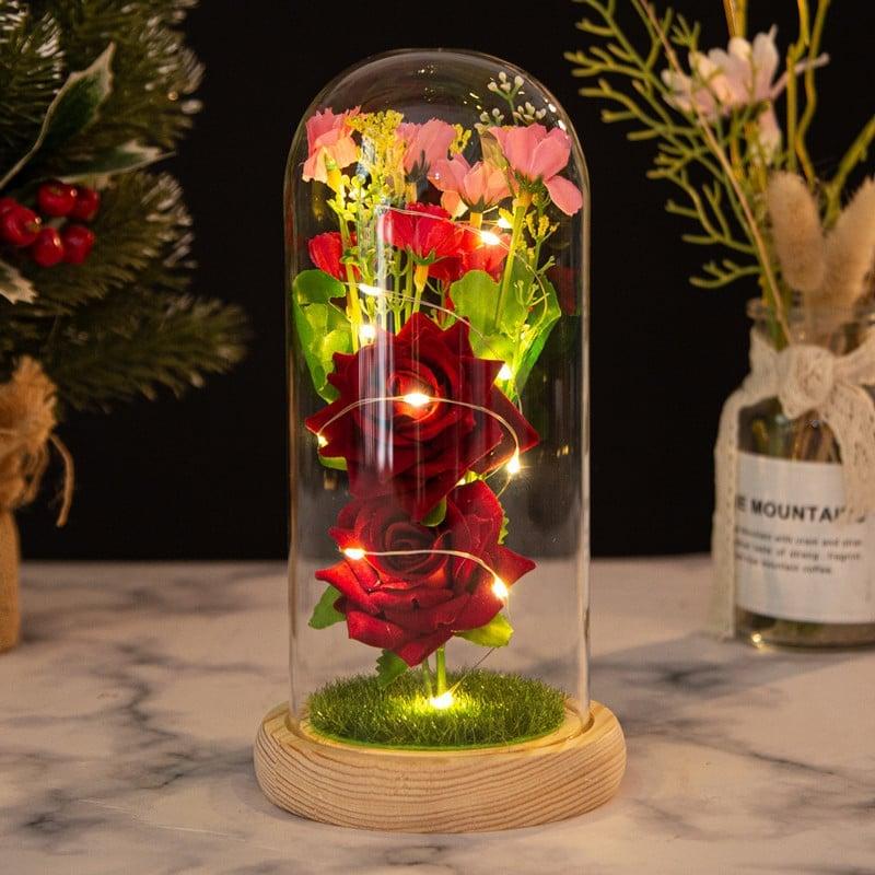 Hoa Hồng Trái Tim đa sắc lồng thủy tinh đèn led đế gỗ - quà tặng sinh nhật bạn gái lãng mạn - lễ tình nhân - tặng phụ nữ