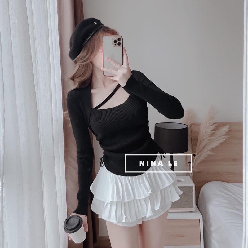 Áo len tăm cổ vuông dây chéo rút dây 2 bên, Áo kiểu dài tay dáng ôm AL1830 - NhiNhi Shop