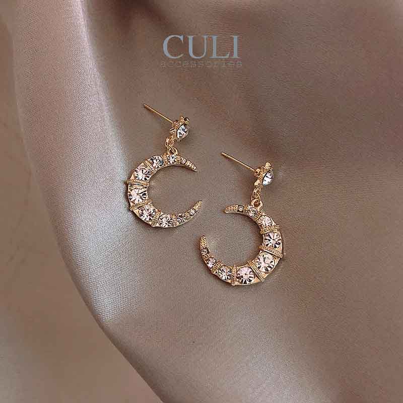 Bông tai, Khuyên tai dáng dài hình trăng khuyết kết đá sang trọng HT669 - Culi accessories
