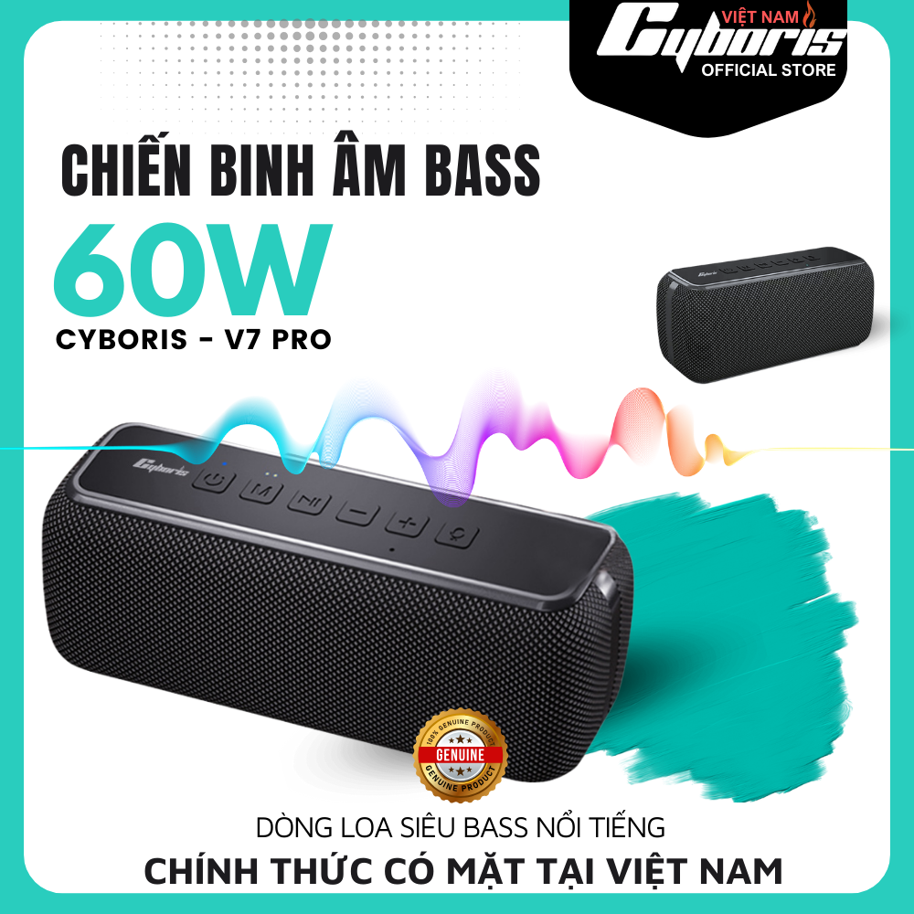 Loa Bluetooth Cyboris V7 Pro, Loa siêu Bass, Công suất 60W, Chống nước IPX5, Pin 6600mAh. Hàng Chính Hãng.