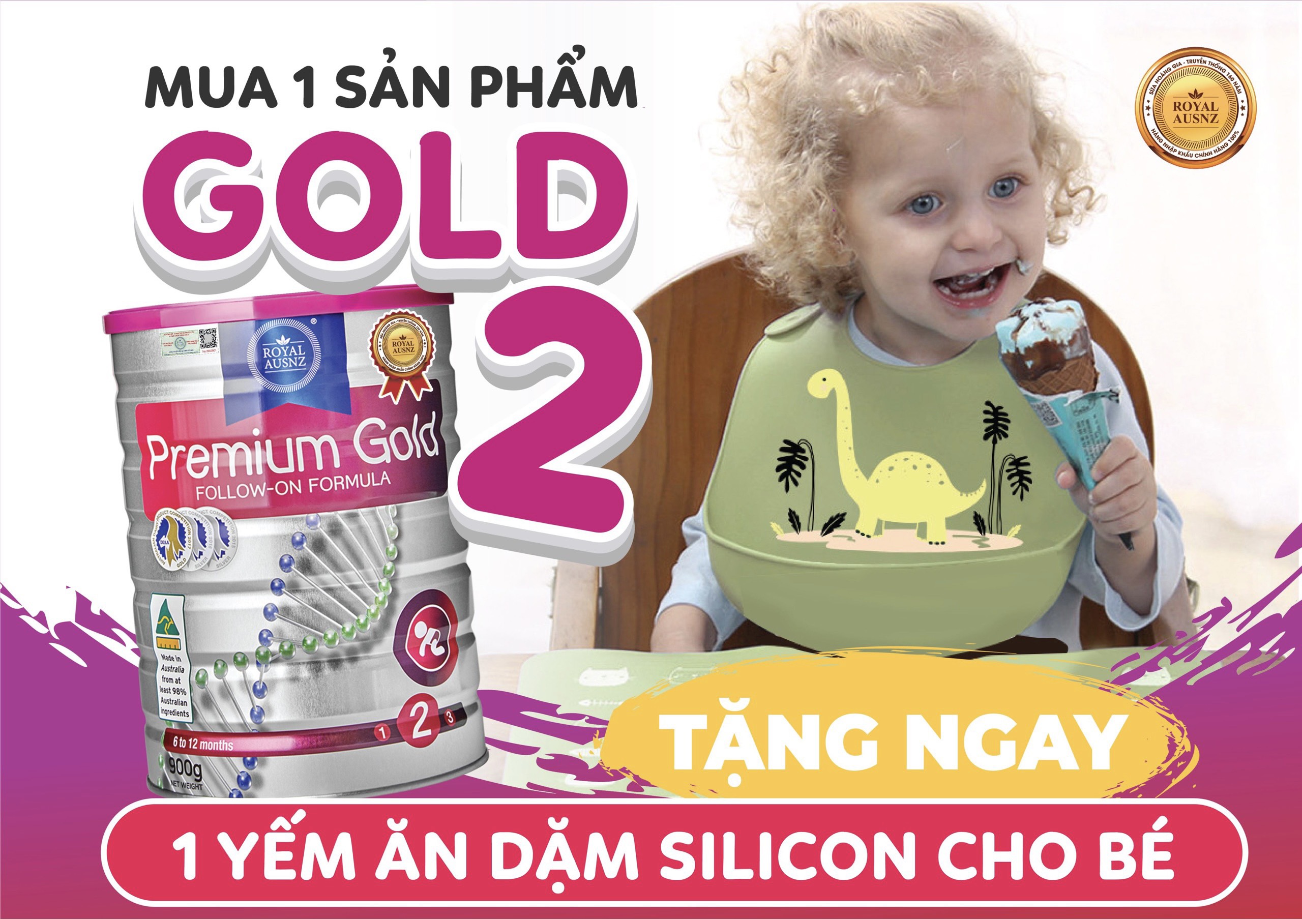 Sữa Bột Hoàng Gia Úc Royal Ausnz Premium Gold Số 2 Bổ Sung Vitamin, Khoáng Chất Cho Trẻ 900G