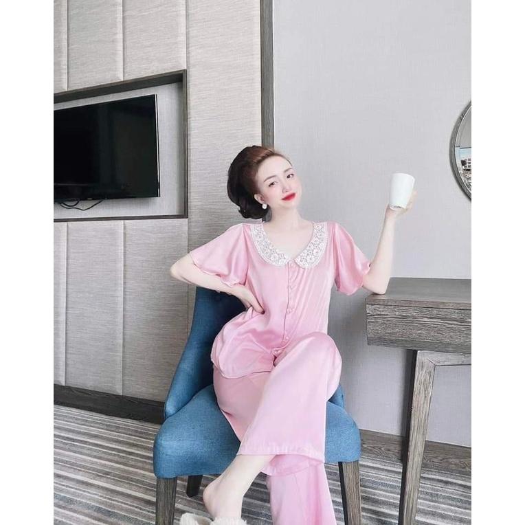 Đồ Ngủ Lụa Satin Quần Dài, Bộ mặc Nhà Cổ ren Tay Xòa Chất Vải Mát, Ít Nhăn Phom Thoải Mái, Dưới 58kg