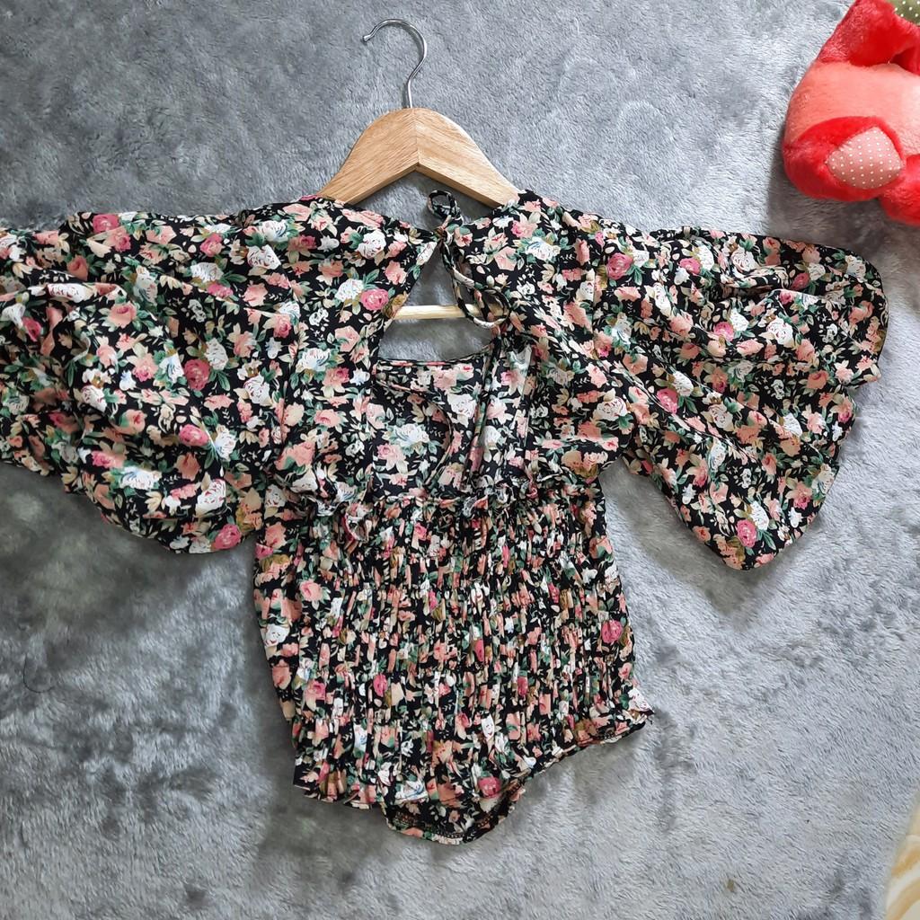 Áo hoa nhí tay phồng thắt nơ khoét hở lưng style cổ điển kiểu Pháp mùa hè
