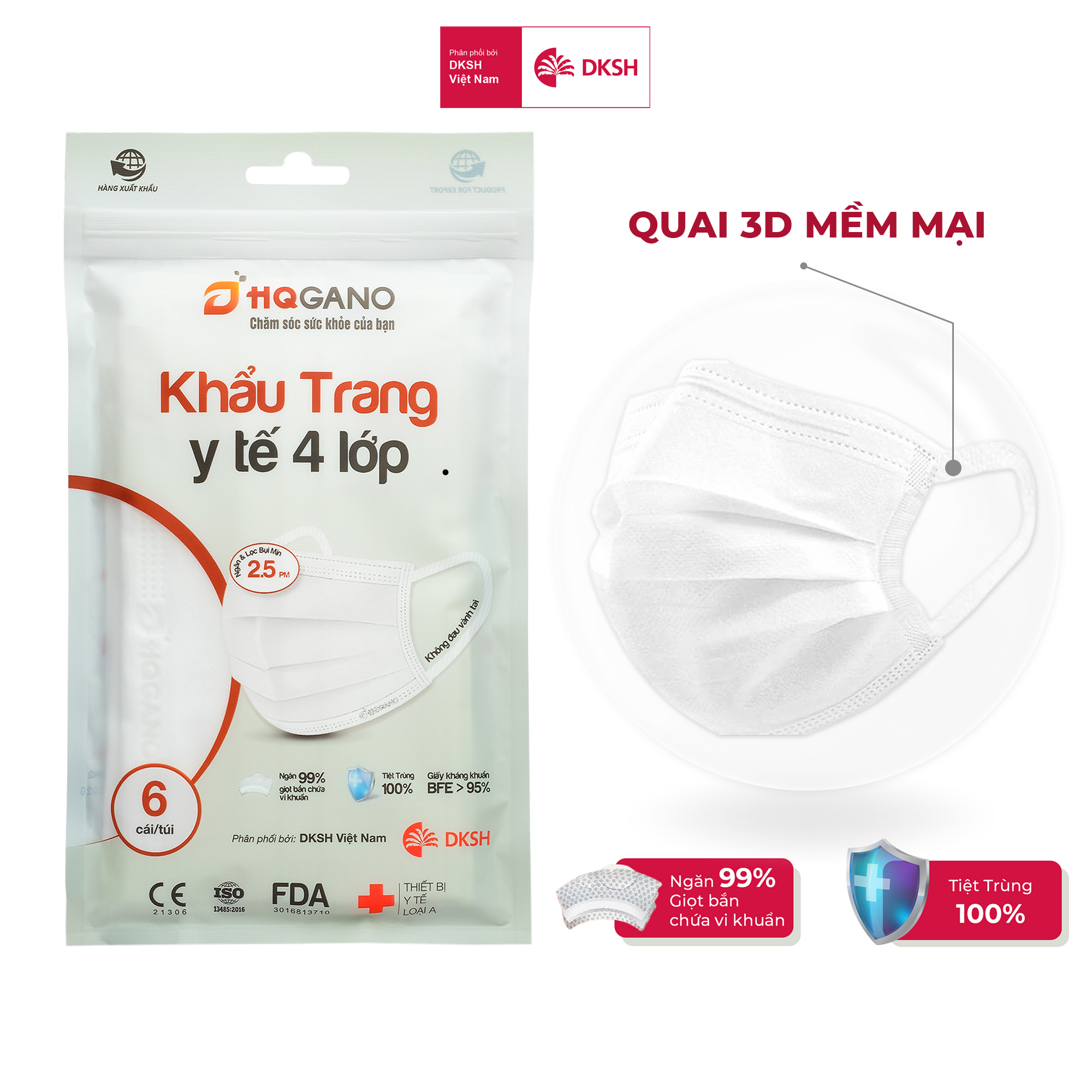 Gói Khẩu Trang Y Tế 4 Lớp HQGANO Quai 3D Mới (6 Cái/Gói)