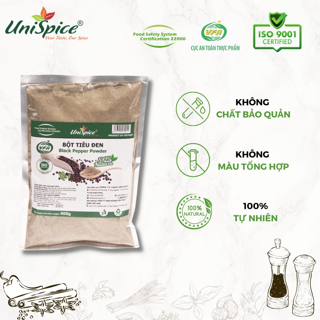 Hạt tiêu xay mịn/ Bột hạt tiêu UniSpice - Gia vị tự nhiên (100% Hạt tiêu xay mịn)