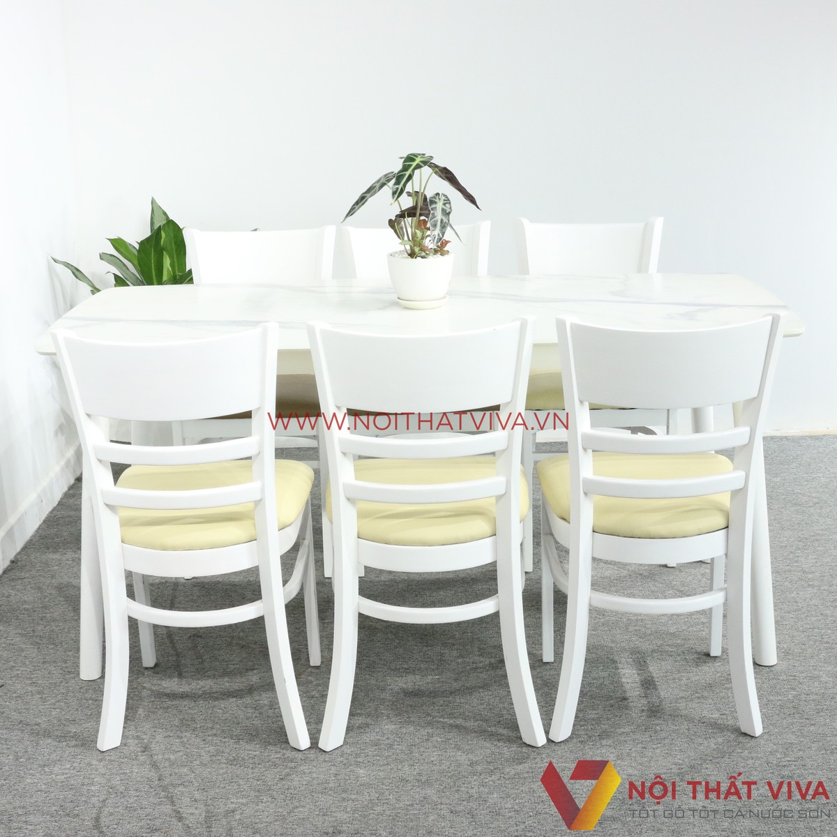 Bộ Bàn Ăn 6 Ghế Vân Đá Trắng Hiện Đại
