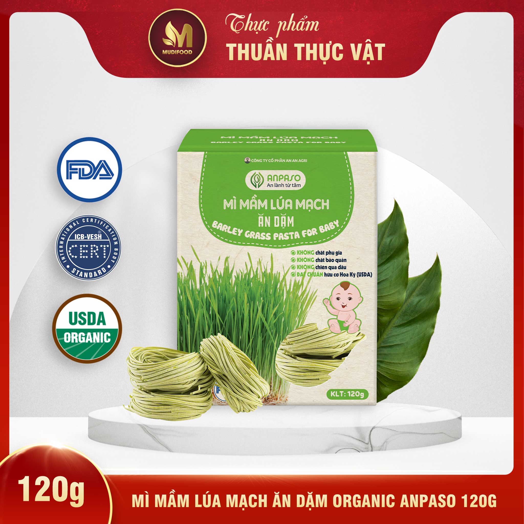 Mì Rau Củ Mầm Lúa Mạch Organic Anpaso Ăn Dặm Cho Bé Từ 6 Tháng Tuổi 120g/ 300g - Bổ Sung Chất Xơ, Giàu Sắt và Các Vitamin C, Nhóm B, A, Cải Thiện Hệ Tiêu Hóa, Tốt Cho Sức Khỏe Của Bé