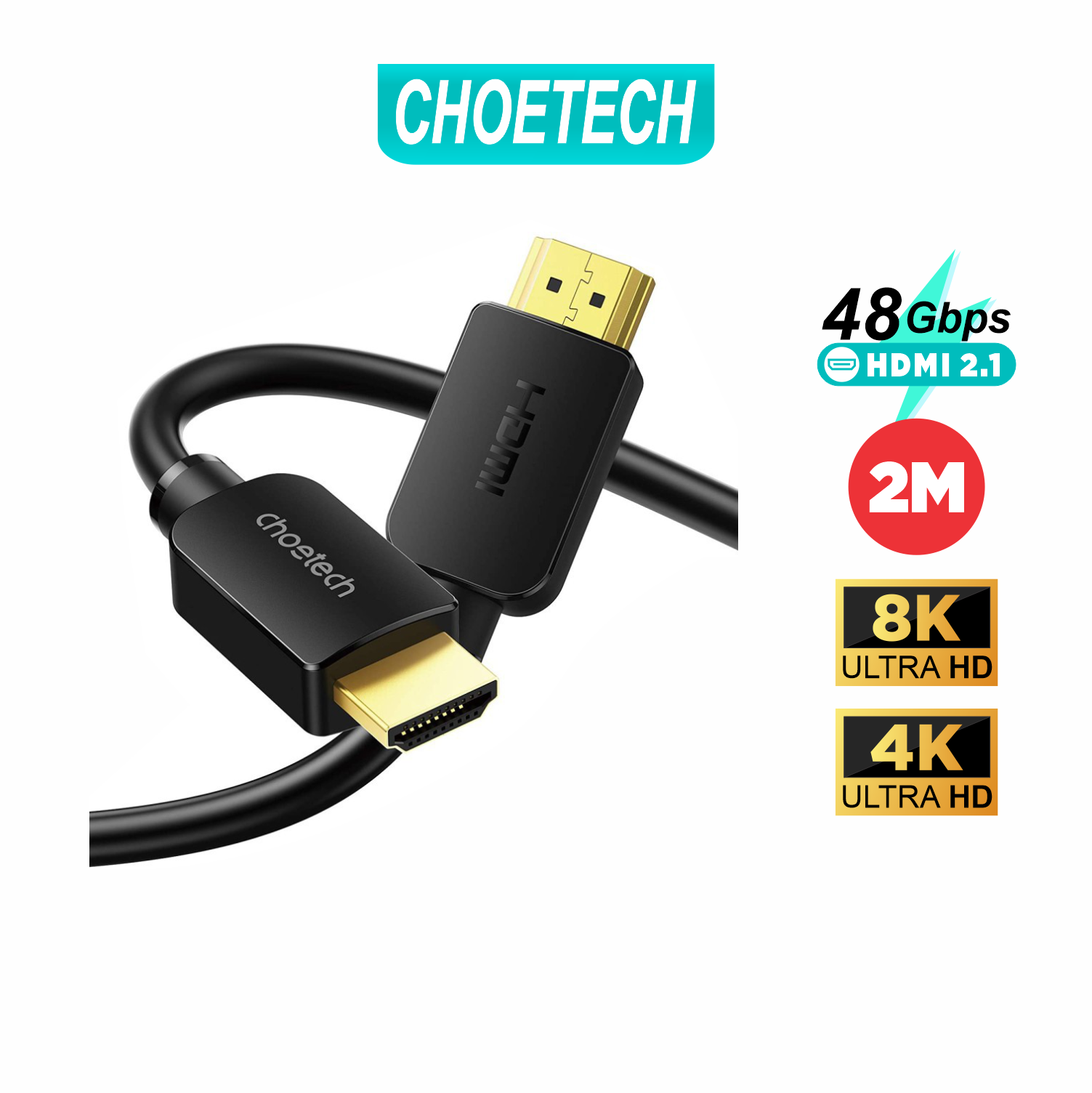 Dây Cáp HDMI 2.1 CHOETECH XHH03-BK Dài 2M Phân Giải Tối Đa 8K 48Gbps, 4K 120Hz Dùng Cho Tivi/Laptop/Playstation/PC - Hàng Chính Hãng