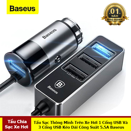 Bộ Sạc Thông Minh Trên Xe Hơi, Ô Tô 1 Cổng Usb Và 3 Cổng USB Kéo Dài Công Suất 5.5A - Hàng Chính Hãng Baseus