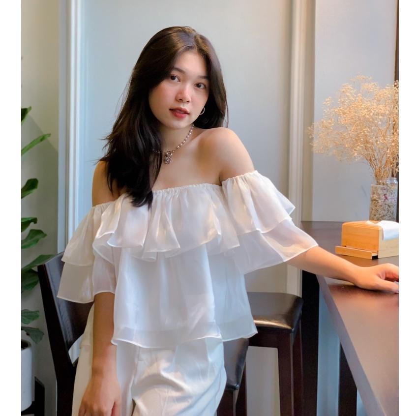 Áo bẹt vai tay phồng siêu xinh Croptop trễ vai bánh bèo chất tơ ánh A-TA