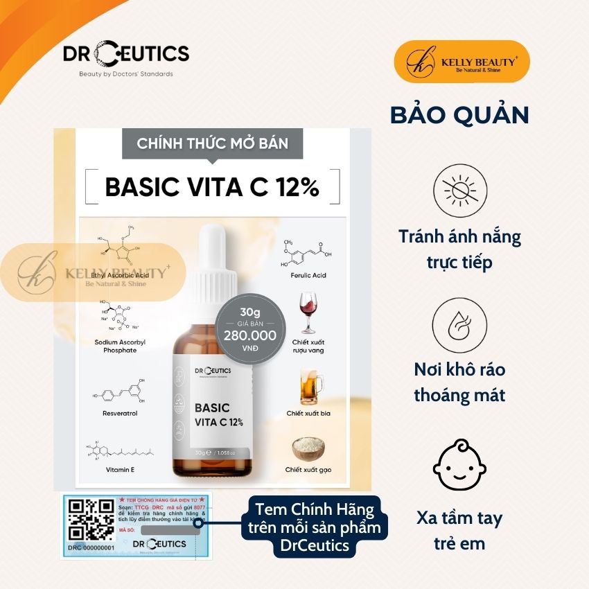 Serum Basic Vitamin C 12% DrCeutics - Giúp Da Sáng Đều Màu, Mờ Thâm Sạm; Tươi Trẻ và Căng Mịn Làn Da | Kelly Beauty