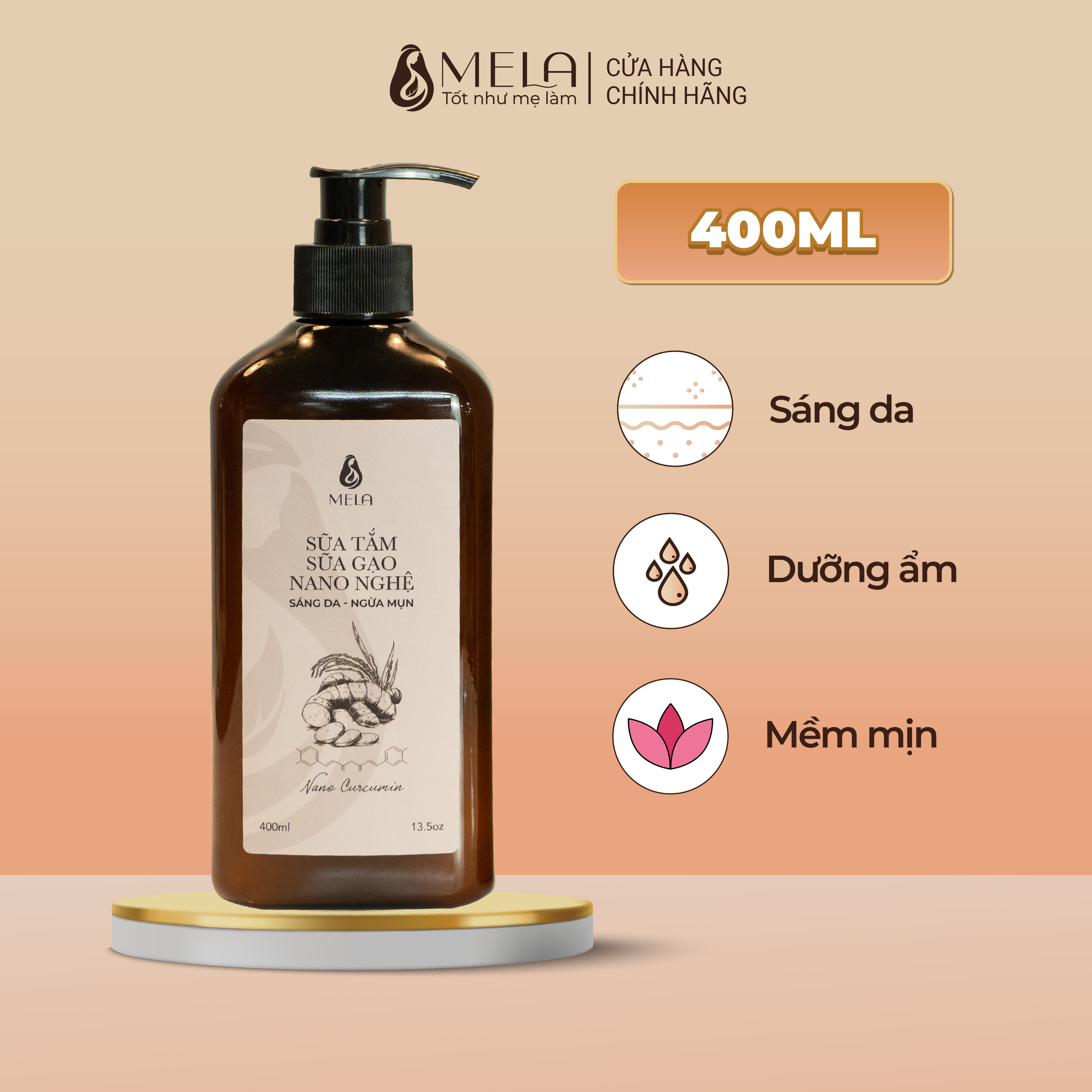 Sữa Tắm Dưỡng Ẩm Sáng Da MELA Chiết Suất Gạo Nano Nghệ Mềm Mịn Da 400ml - ML28
