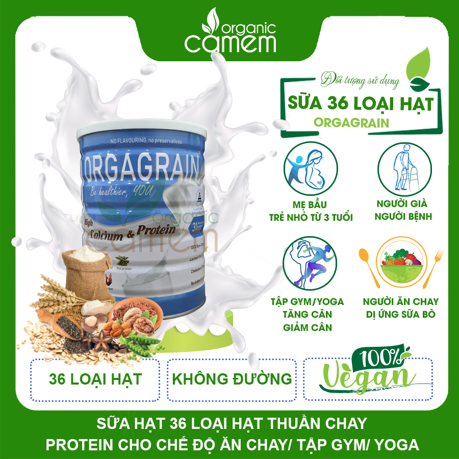 Sữa hạt thuần chay Orgagrain - Bổ sung đạm protein cho người ăn Chay - Sữa hạt 36 loại hạt và ngũ cốc tốt cho tim mạch và não bộ - Lon 900g