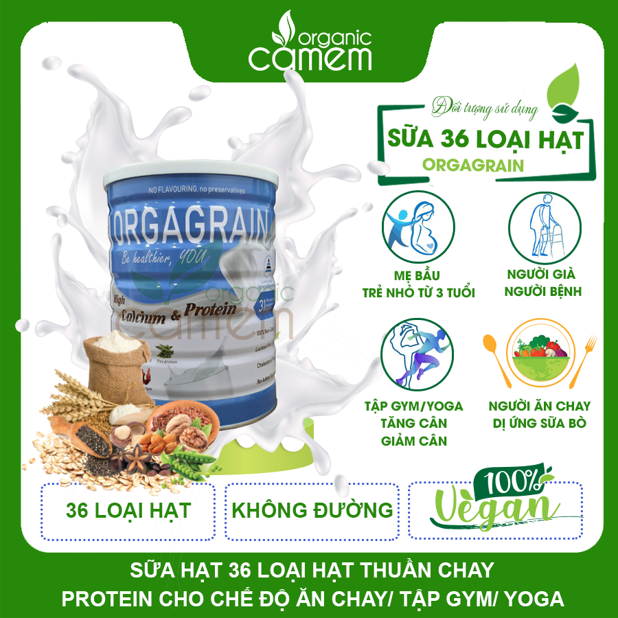 Sữa hạt thuần chay Orgagrain - Bổ sung đạm protein cho người ăn Chay - Sữa hạt 36 loại hạt và ngũ cốc tốt cho tim mạch và não bộ - Lon 900g 