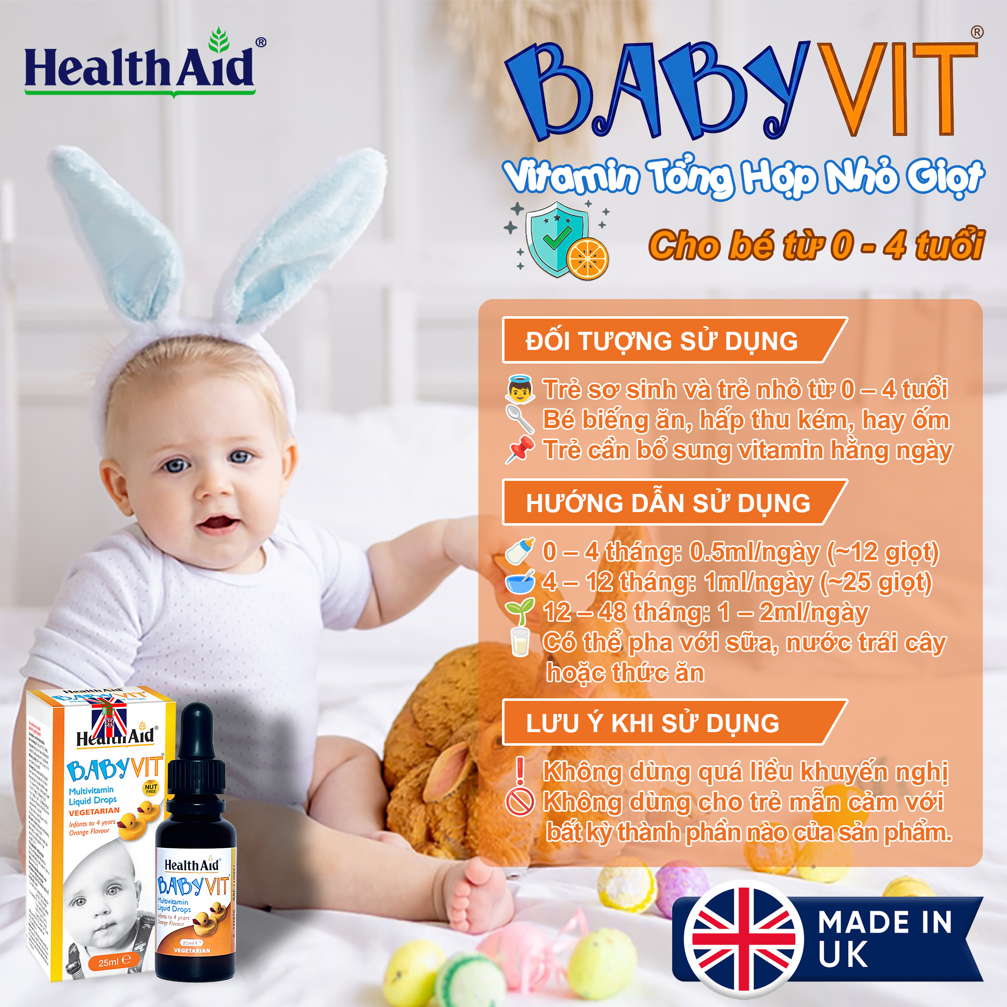 Siro Vitamin Tổng Hợp Nhỏ Giọt Tăng Đề Kháng Cho Bé BabyVit HealthAid UK Trẻ Giảm Ốm Vặt Ăn Ngon Ngủ Tốt Hộp 25ml Nhập Khẩu Chính Hãng
