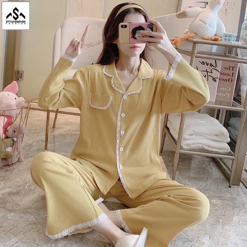 Bộ Đồ Pijama Nữ Dài Tay Trơn Màu Vàng Tôn Da Phối Túi Giả Dễ Thương Thời Trang STYLE MARVEN - WM SET 011