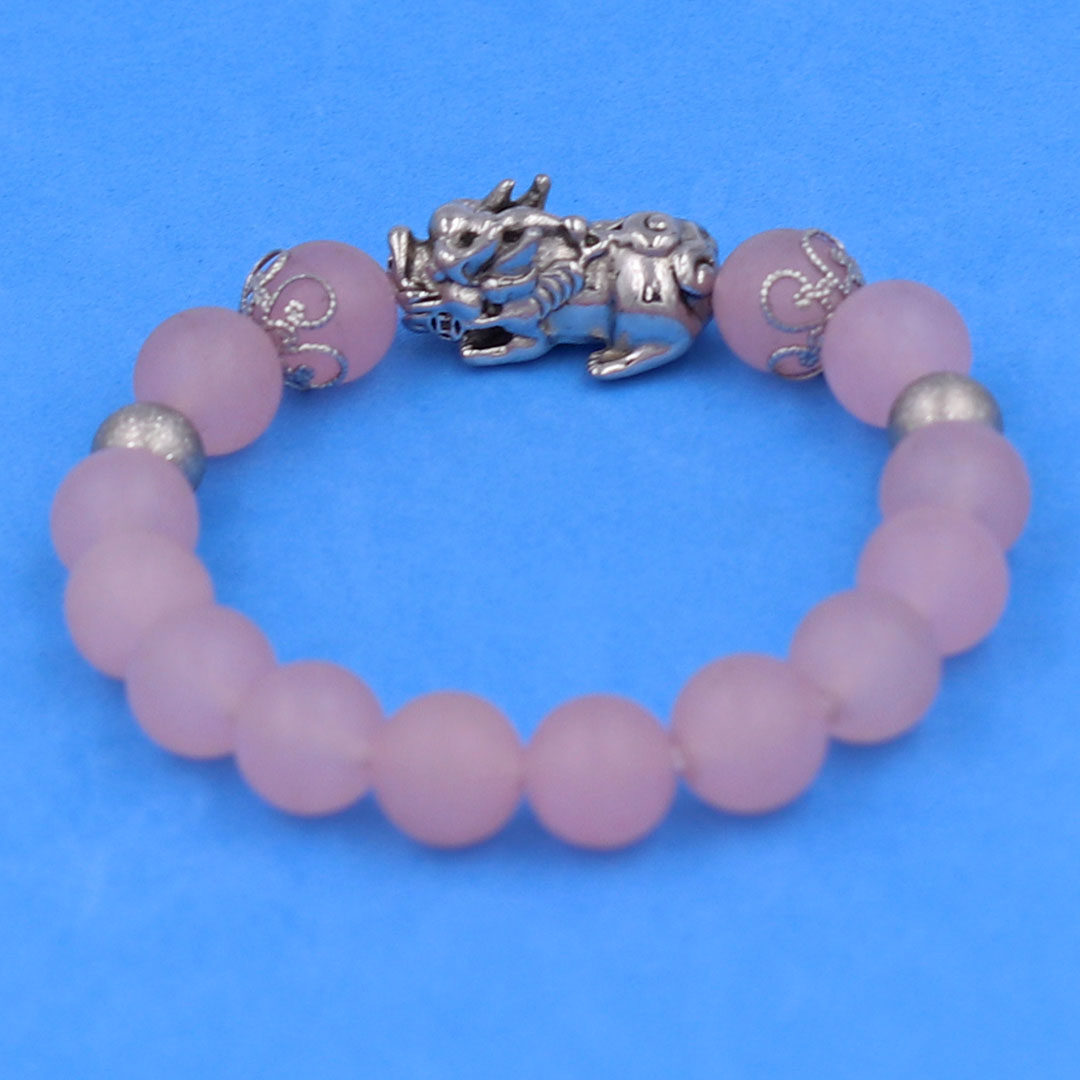 Vòng chuỗi đeo tay đá thạch anh hồng phấn mờ 10 ly charm tỳ hưu inox, bi inox, khía bông inox, vòng tay phong thuỷ, vòng tay tỳ hưu