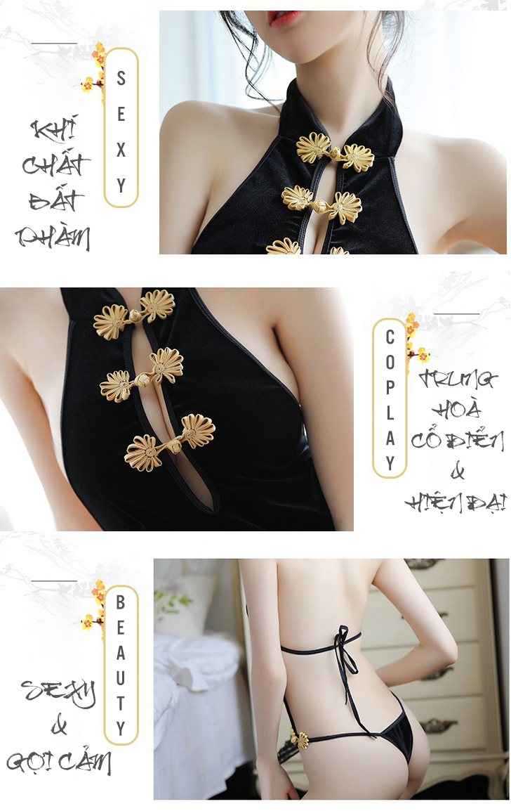 Bộ Đồ Ngủ Sườn Xám Body Cosplay Chất Liệu Nhung Co Giãn Cao Cấp