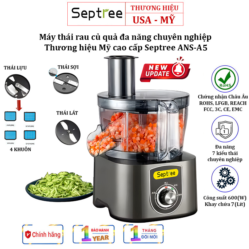 Máy Thái Rau Củ Quả Septree ANS-A5 Thương Hiệu Mỹ Công Suất Lớn 600W, Khay Chứa 7L, Năng Suất Cắt 300kg/giờ, Lát Cắt Mịn, Nhập Khẩu - BẢO HÀNH 1 NĂM, HÀNG NHẬP KHẨU