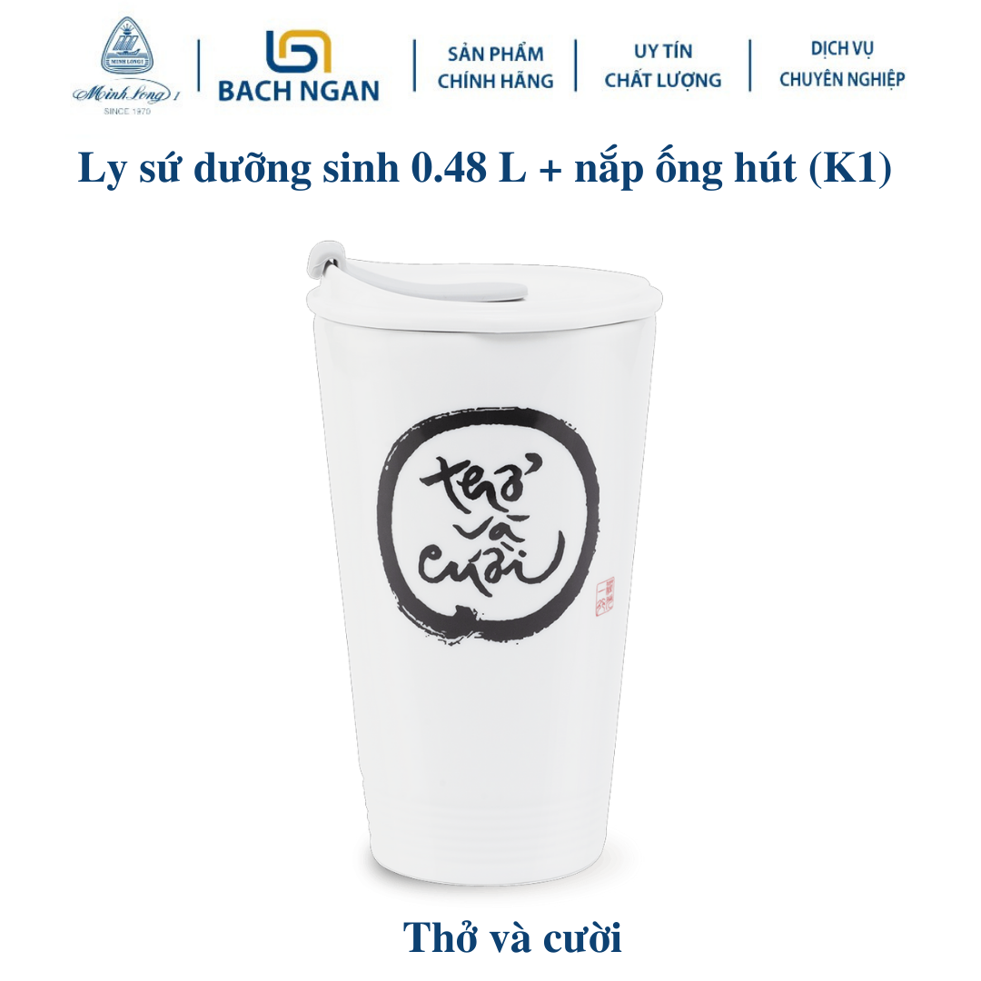 Ly sứ dưỡng sinh 0.48 L + nắp ống hút - Thở và cười bằng sứ, dùng để uống trà, cafe kiểu dáng sang trọng,cao cấp, giữ nhiệt tốt